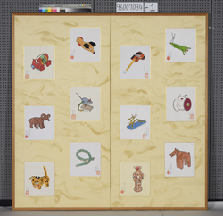 大熊喜英画 十二支色紙貼付屏風 / Folding Screen with Shikishi (Square Cardboards) of the Twelve Animal Signs of the Chinese Zodiac, Drawn by Ōkuma Yoshihide image