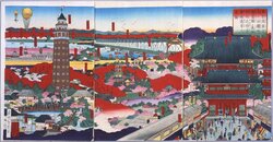 東京浅草寺并ニ公園地凌雲閣ノ高塔其他近傍吾妻橋遠景之真図 / True View of Tokyo Sensoji Temple, the Park, Ryounkaku Tower, and the Neighboring Azumabashi Bridge image