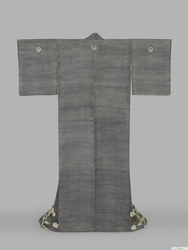 鼠縮緬地小紋裾菊流水模様着物 / Grey Fine-Patterned Crepe Kimono with Design of Chrysanthemums and Flowing Water at the Hem image