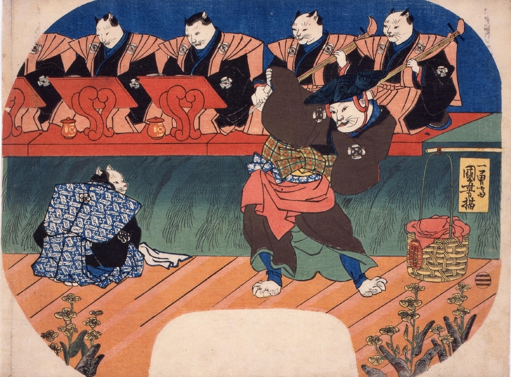 団扇絵　猫の歌舞伎 出語り図 / Degatari (Musicians) in Cat Kabuki (Fan Print) image