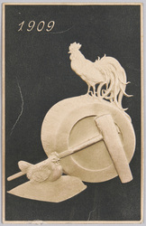 動物絵葉書　臼、杵、箕、雄鶏と雌鶏(1909) / Animal Postcard: Mortar, Mallet, Winnow, Rooster and Hen (1909) image