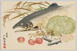 北海道鉄道一千哩記念絵葉書(農産物、魚) / Picture Postcard Commemorating the Completion of 1,000 Miles of Tracks of Hokkaido Railway (Agricultural Produce, Fish) image