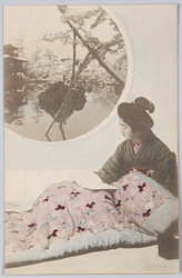 本を読む女性と日本庭園写真 / Woman Reading a Book and a Photograph of a Japanese Garden image