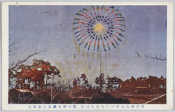 東洋煙火大会三尺玉引先三化 / Tōyō Fireworks Display, Ball-Shaped Firework (3 Shaku in Diameter), Three Color Changes at the Petal Tips image