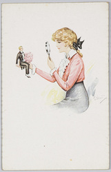 虫眼鏡で人形を見る女性 / Woman Using a Magnifying Glass to Examine a Doll in a Tuxedo image