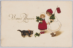 ヒイラギを持つ２人の少女と子猫（外国製） / Two Girls Holding Holly Branchs and a Kitten (Foreign-Made) image