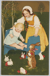 子供と動物の親子(ウサギ)(美術絵葉書シリーズ1503)(外国製) / Children, together with Adult and Baby Easter Rabbits (Artistic Picture Postcard Series 1503) (Foreign-Made) image