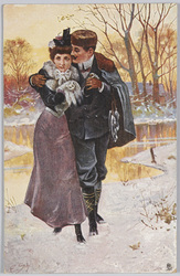 雪道の男女（Ｒａｐｈａｅｌ　Ｔｕｃｋ＆Ｓｏｎｓ’”ＡＱＵＡＲＥＴＴＥ”Ｓｅｒｉｅｓ　６０１１）（外国製） / Man and Woman on a Snow-Covered Road (Raphael Tuck & Sons' Aquarette Series 6011) (Foreign-Made) image