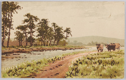 牛のいる川縁(風景水彩画) / Riverbank with Cows (Watercolor Landscape Painting) image