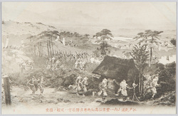 江戸街道 山内一豊 京極高知 両勇 出陣 前方ハ足軽ノ接突 / Two Great Lords, Yamauchi Kazutoyo and Kyōgoku Takatomo, Going into Battle via the Edo Highway; The Foreground Depicts a Conflict Between Their Foot Soldiers image