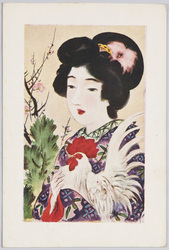 鶏を抱く和装女性 / Woman in Kimono Holding a Chicken image