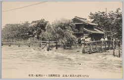 江戸川附近大出水ノ光景掃部橋流落シテ古川橋ニ突衝 / Scene of the Great Flood near the Edogawa River: The Kamombashi Bridge Was Swept Away by the Flood, and Then Smashed into the Furukawabashi Bridge image