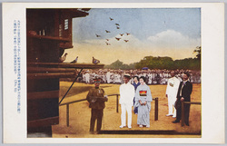 九月十日富士山頂から放した動物愛護会宣伝の軍書鳩が日比谷公園に帰った鳩の群れ(中央)台臨の山階宮同妃殿下(No　12) / September 10th: A Flock of War Pigeons Released from the Top of Mt. Fuji for the Publicity of the Animal Welfare Society Has Returned to Hibiya Park (Center), Honored by the Presence of Their Imperial Highnesses Prince and Princess Yamashina (No. 12) image