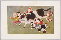 牛と遊ぶ子供 / Children Playing With a Cow image