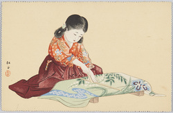 [布にへらを当てる少女] (「今様」第2年８号付録) / [Girl Marking a Cloth With a Tracing Spatula] (Free Gift From Year 2 Issue 8 of Imayō) image