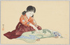 [布にへらを当てる少女] (「今様」第2年８号付録)/[Girl Marking a Cloth With a Tracing Spatula] (Free Gift From Year 2 Issue 8 of Imayō) image