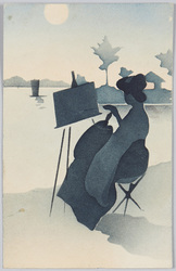 月夜の湖畔で絵を描く女性 / Woman Painting by the Lake on a Moonlit Night image