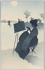 月夜の湖畔で絵を描く女性/Woman Painting by the Lake on a Moonlit Night image