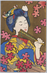 扇を持つ和装女性と桜 / Woman in Kimono Holding a Fan and Cherry Blossoms image