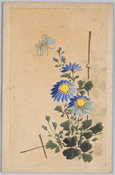 青い花と蝶 (布貼付) / Blue Flowers and a Butterfly (With Fabric Attached) image