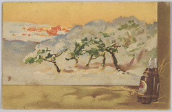 松原に日の出の絵と醤油瓶 / Sunrise over a Pine Tree Forest and Two Soy Sauce Bottles image