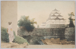 名古屋城の天守閣と日本女性 / Japanese Woman Looking at the Nagoya Castle and Tower image