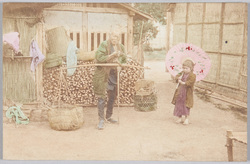 棒手振の老人と少女 / Man with Botefuri (Merchandise Hanging from a Pole) and a Little Girl image