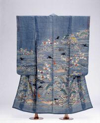 藍鼠麻地御所解文様鵜飼振袖帷子 / Smoke Blue Hemp Furisode Summer Kimono with Palace Style Landscape and Cormorant Fisher Pattern image