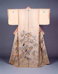 薄紅絹縮地村雨文様六葉葵紋付単衣 / Rose Pink Striped Crepe Unlined Kimono with Passing Shower Pattern and Six-Leaved Hollyhock Crest image