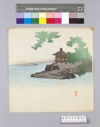 榛原聚玉堂版団扇絵 池畔 釣燈篭 / Picture on Round Fan by Haibara Shūgyokudō: Pondside Hanging Lantern image