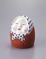 郷土玩具 今戸焼 火入れ おかめ / Regional Folk Toy: Imadoyaki Ware Hand Warmer in the Shape of Okame (Round Faced Woman) image