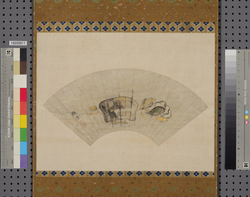 椿に楽茶碗図扇面 image