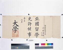 留学免許状（亜国留学 川村清雄） / License to Study Abroad (United States of America, Kawamura Kiyo’o) image