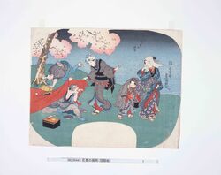 団扇絵　花見の俄雨 / A Shower of Rain during Cherry Blossom Viewing (Fan Print) image