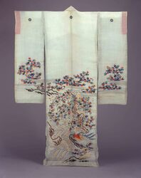 薄浅葱麻地枝垂桜流水檜扇模様帷子 / Pale Blue Green Linen Katabira designed with Weeping Cherry, Stream and Wooden Fan image