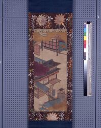 吉原大門模様友禅小袖裂掛幅 / Hanging-scroll of Yuzen Short-sleeved Kimono Textile designed with Yoshiwara Daimon image