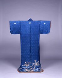 紺綸子地松樹松葉模様小袖 / Navy Blue Rinzu Fabric, Pine Tree and Needle-designed, Short-sleeved Kimono image