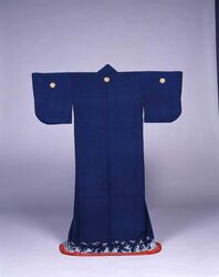 紺縮緬地麻葉繋羽箒模様小袖 / Navy Blue Crepe, Short-sleeved Kimono designed with Hemp Leaf and Feather Duster image