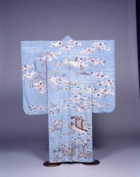 浅葱絹縮地流水桜松庵模様単衣 / Pale Blue Green, Silk Crepe Unlined Kimono designed with Stream, Cherry, Pine and Hermitage image