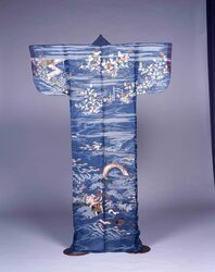 納戸麻地松秋草風景模様帷子(襲付) / Grayish Blue Linen Katabira designed with Landscape of Pine and Autumn Plant (with Undergarment) image