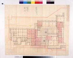 本寿院様御住居御祐筆間・呉服之間御広座鋪絵図(元治度二ノ丸御表大奥共総切絵図　九) / Pictorial Map of the Residence of Honjuin and the Interior Secretary, Tailoring, and Great Rooms (Complete Divided Pictorial Map of the Outer and Great Interior Sections of the Ninomaru Palace in Genji) image