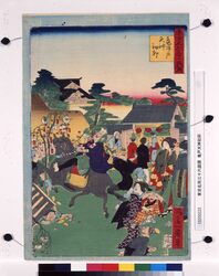 東京名所三十六戯撰 亀戸天神初卯 / Thirty-six Amusing Views of Famous Places in Tokyo: Visit to Kameido Tenjin Shrine on the First Rabbit Day of the Year image