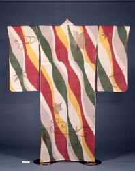 麻地斜め立涌模様友禅ドロンワーク入り単衣 / Linen, Diagonal Tatewaku Yuzen, Unlined Kimono with Drawn Work image