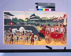 銀婚大典 新皇居二重橋御出門之図 / The Silver Wedding Anniversary Ceremony: Departure through the Gate, Nijubashi Bridge, of the New Imperial Palace image