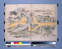 四月十三日御成岩淵仮橋勤番絵図（天保十四年日光社参勤番守護絵図の内） / Pictorial Map of Shifts for the April 13 Passage of the Shogun for the Temporary Bridge at Iwabuchi (of Pictorial Maps of Shifts and Guards for the 1843 Visitation of Nikko Shrine) image