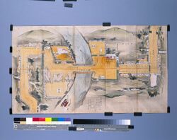 四月十四日御成房川船橋勤番絵図（天保十四年日光社参勤番守護絵図の内） / Pictorial Map of Shifts for the April 14 Passage of the Shogun for the Boat Bridge at Fusa River (of Pictorial Maps of Shifts and Guards for the 1843 Visitation of Nikko Shrine) image