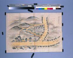 四月十八日還御喜沢村壬生海道絵図(天保十四年日光社参勤番守護絵図の内) / Pictorial Map of the April 18 Return of the Shogun, Kizawa Village, Mibu Highway (of Pictorial Maps of Shifts and Guards for the 1843 Visitation of Nikko Shrine) image