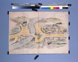 四月廿一日還御岩淵仮橋勤番絵図(天保十四年日光社参勤番守護絵図の内) / Pictorial Map of Shifts for the April 21 Return of the Shogun for the Temporary Bridge at Iwabuchi (of Pictorial Maps of Shifts and Guards for the 1843 Visitation of Nikko Shrine) image