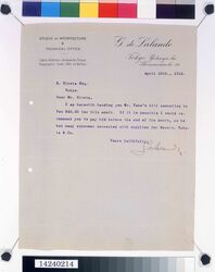 デ・ラランデ書簡(矢部建築事務所への支払い依頼) / Correspondence to Hirota Ritaro from de Lalande Requesting Payment to Yabe Architect Office (Object from Hirota Ritaro Residence, Book 2) image