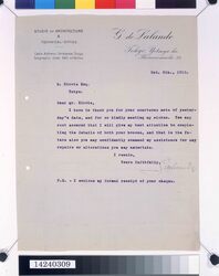 デ・ラランデ書簡(廣田邸完成に向けて) / Correspondence to Hirota Ritaro Communicating Assurance of Completion of the Hirota Residence and Enclosure of a Receipt (Object from Hirota Ritaro Residence, Book 2) image